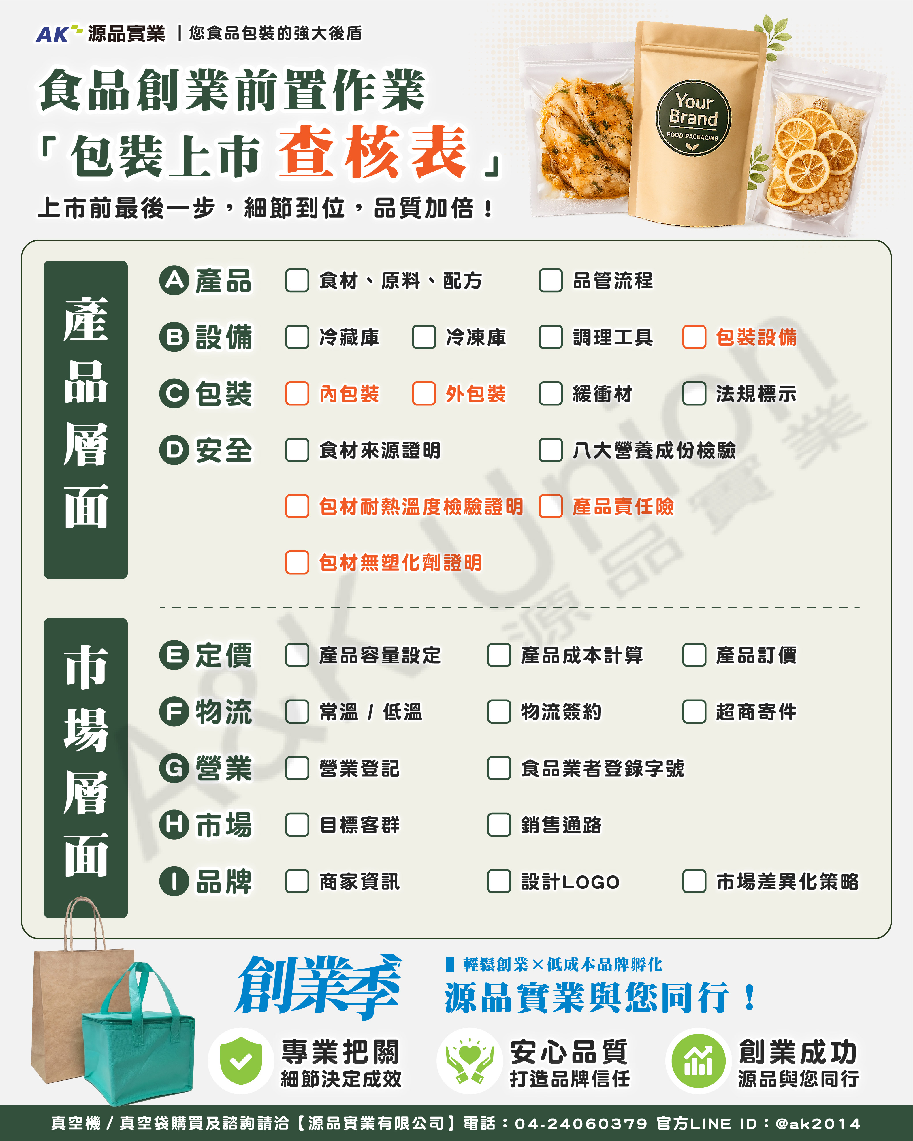 食品創業前置作業「包裝上市查核表」-輕鬆創業，低成本品牌孵化-AK源品實業與您同行