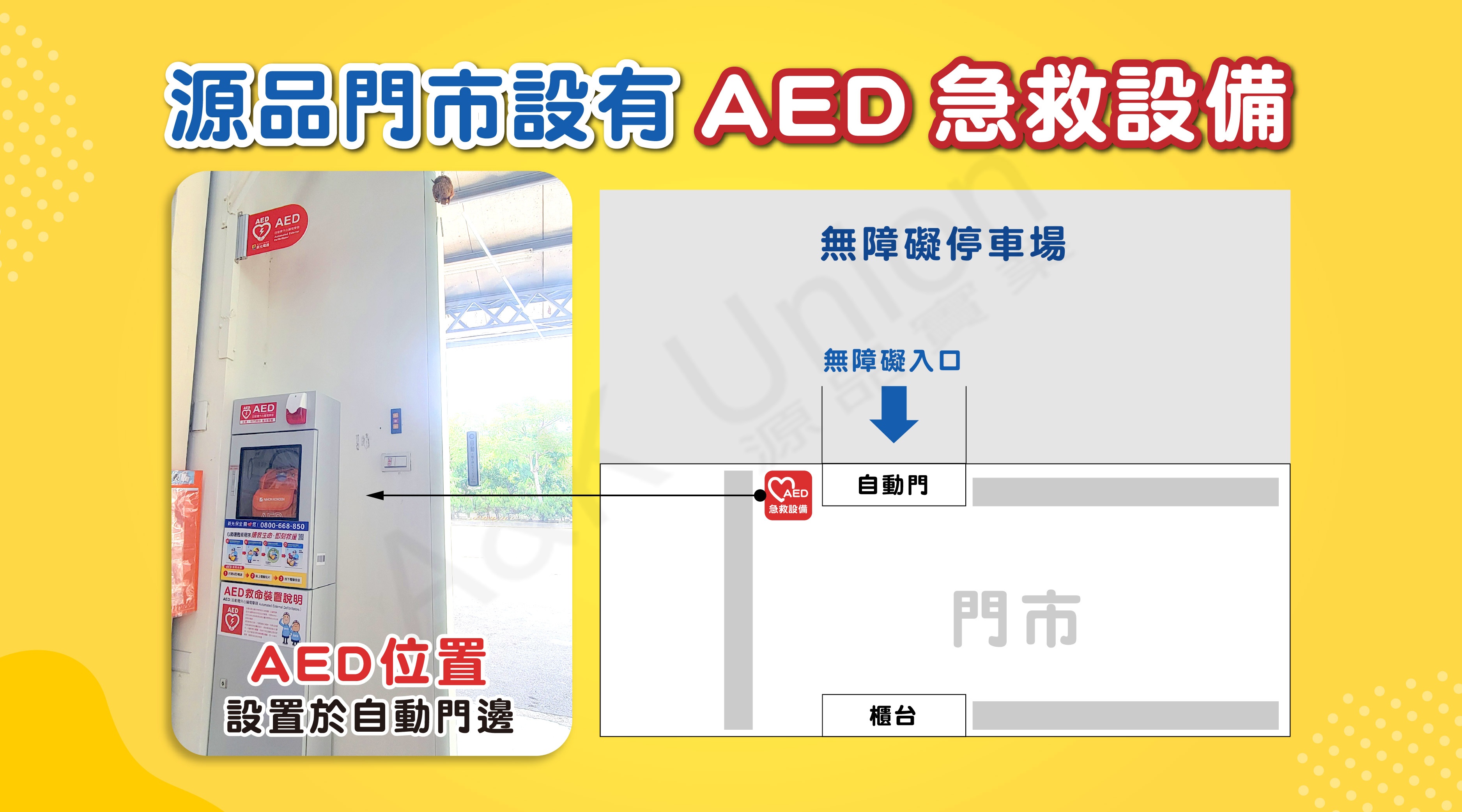源品台中大里門市設有AED急救設備 AED設備設置於自動門邊 方便緊急時快速取得
